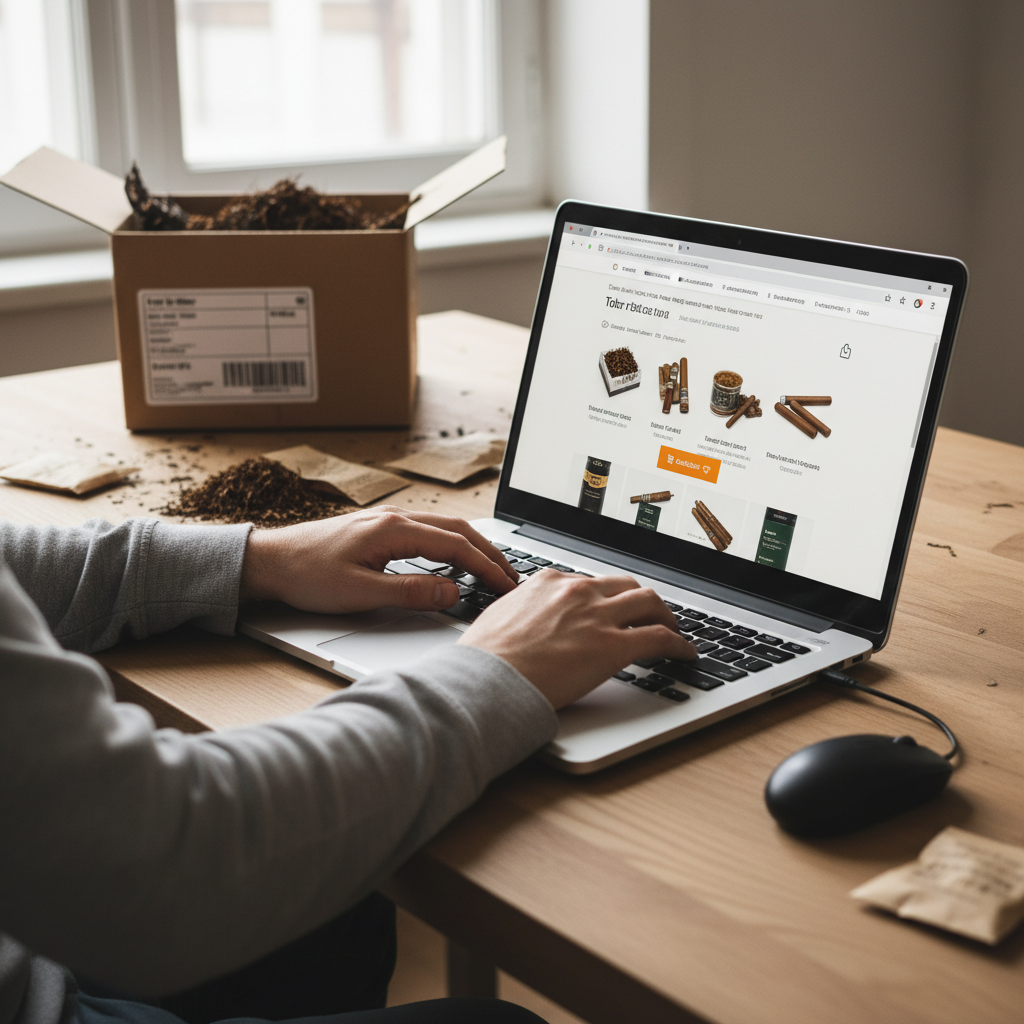 Persoană care comandă tutun online pe laptop, cu pachet de livrare și tutun vrac în fundal