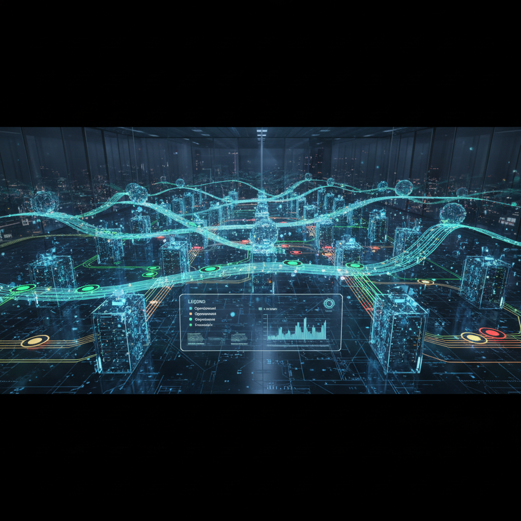 Cloud computing network infrastructure visualization with interconnected nodes