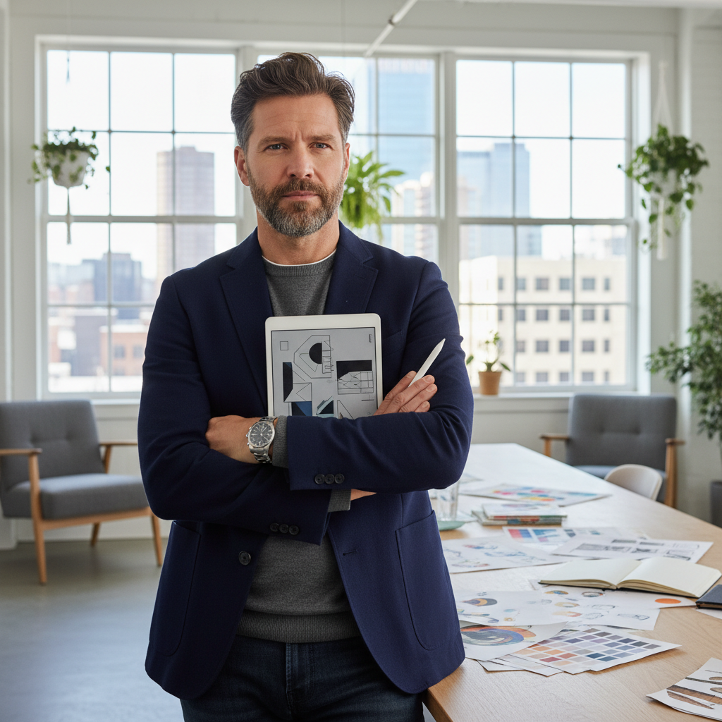 Damien Wollstonecraft, Creative Director with artistic background and confident expression