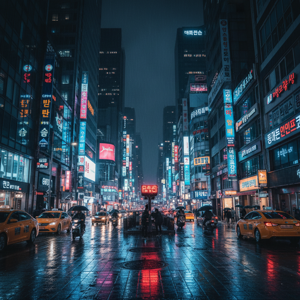 New York City street scene at night, neon lights reflecting on wet pavement, dark atmospheric urban environment