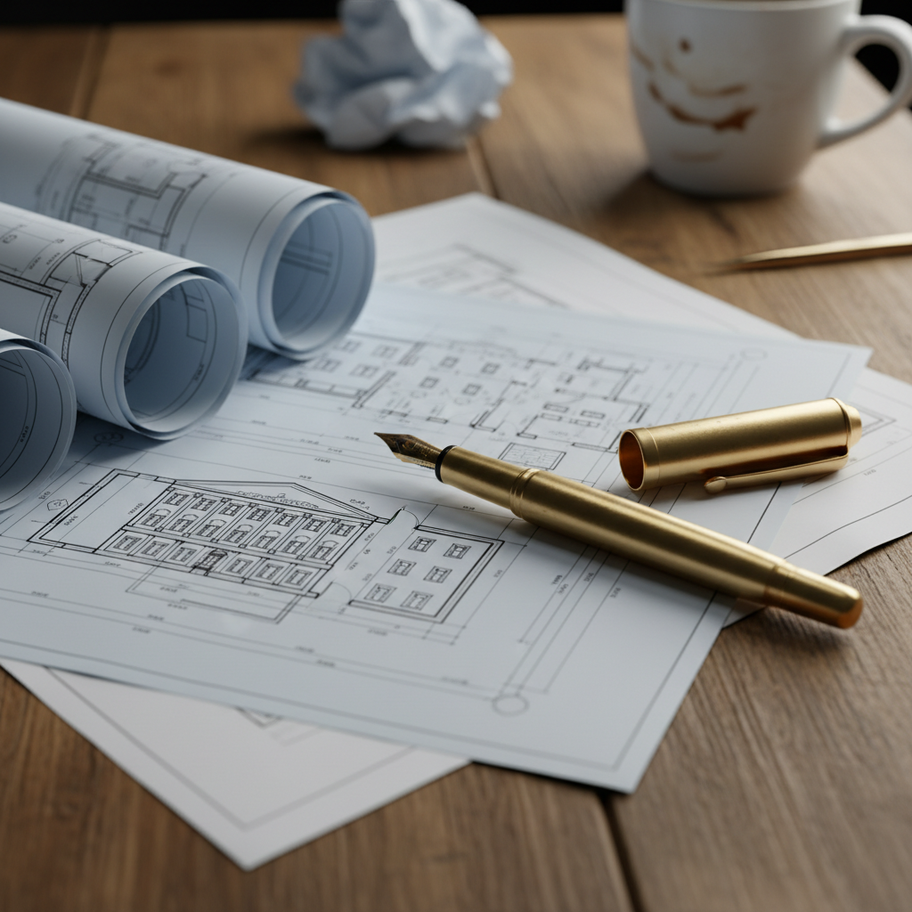 Architectural blueprints with brass pen resting on them