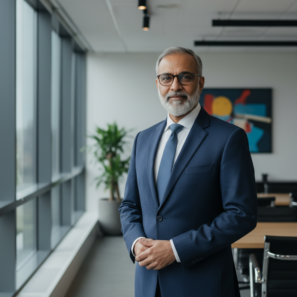 Mature Indian businessman in grey suit with glasses in corporate office setting
