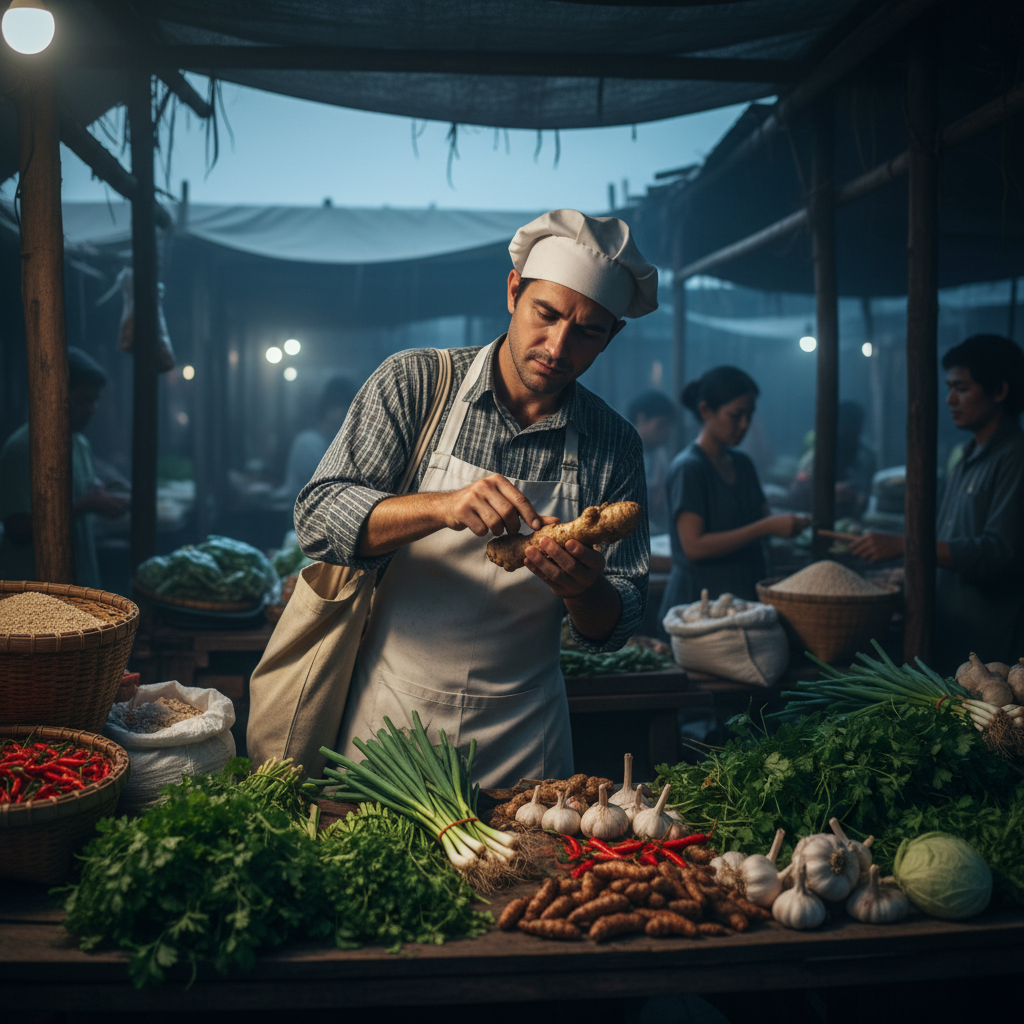 Chef selecting fresh ginger and aromatics at an early morning market, blue pre-dawn light filtering through the stalls