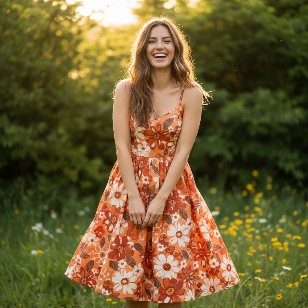 Woman in new season flowy sundress in bright outdoor setting with warm light