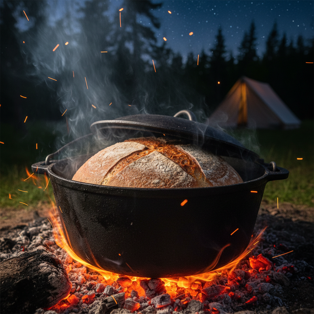 Overhead view of a scored sourdough boule on a black iron surface, flour dusted in radial patterns across the dark crust