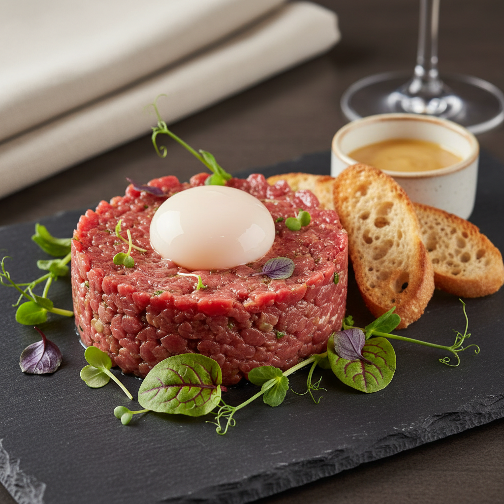 Elegant beef tartare tower on dark slate with quail egg and microgreens, fine dining presentation
