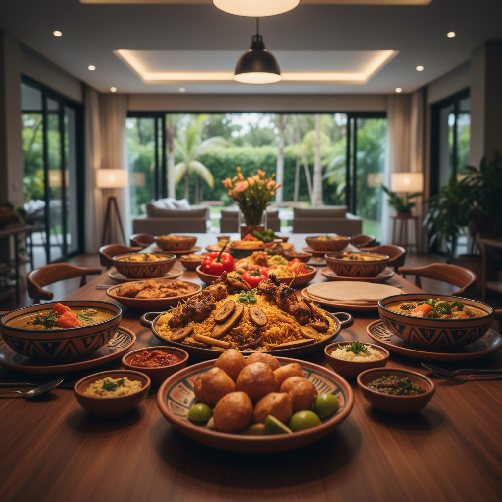 Joyful dinner gathering with African gastronomy and wine, warm communal table setting