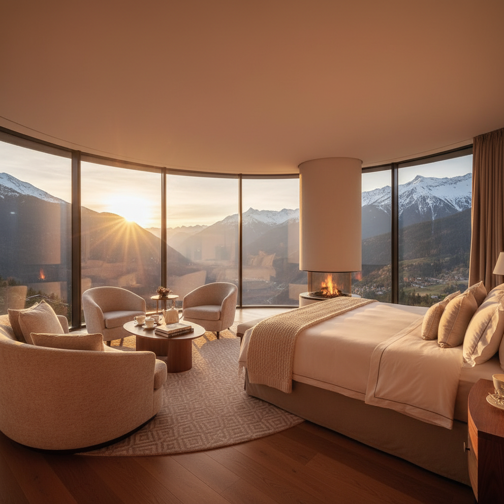 Suite bedroom with panoramic vineyard view through large windows, white linen king bed, morning light streaming in