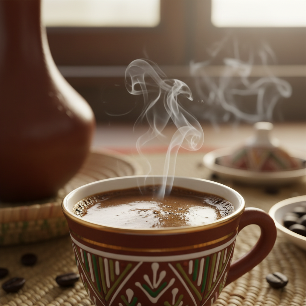 Ethiopian coffee ceremony with clay pots and incense smoke, warm amber lighting, intimate domestic setting