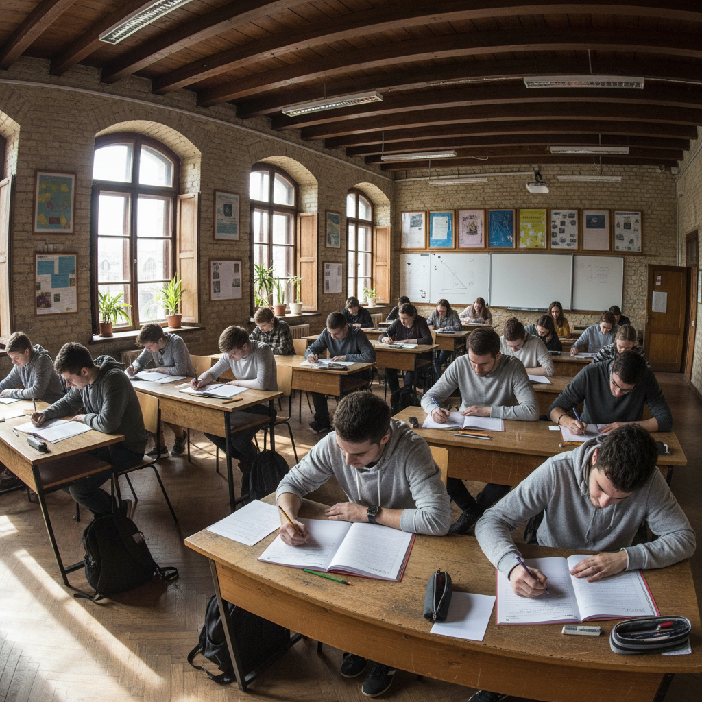 Student intensively preparing for math exam with practice papers and focused expression
