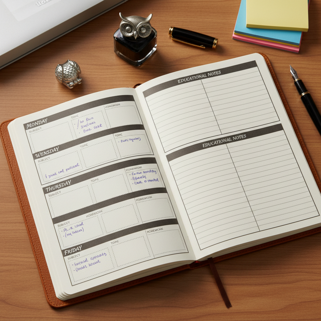Calendar planner open on desk with seasonal schedule notes