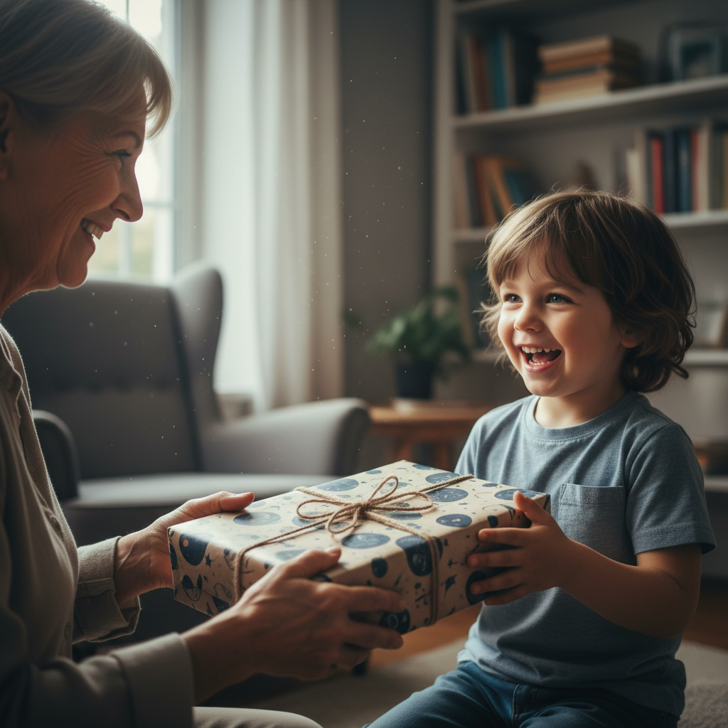 Grandmother gifting a wrapped hardcover book to a smiling child