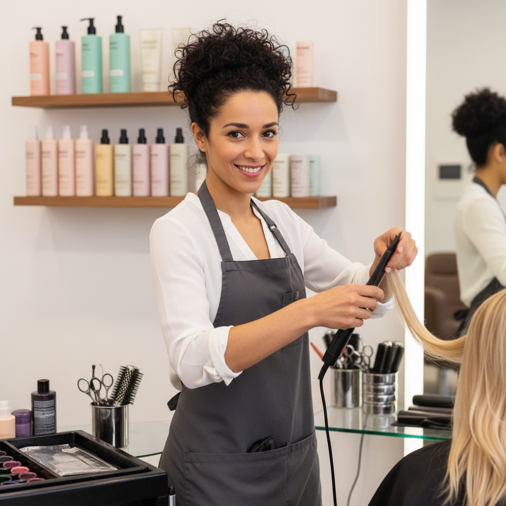 Kadeřnice s kleštěmi na vlnění, zákaznice se usmívá, útulný salon