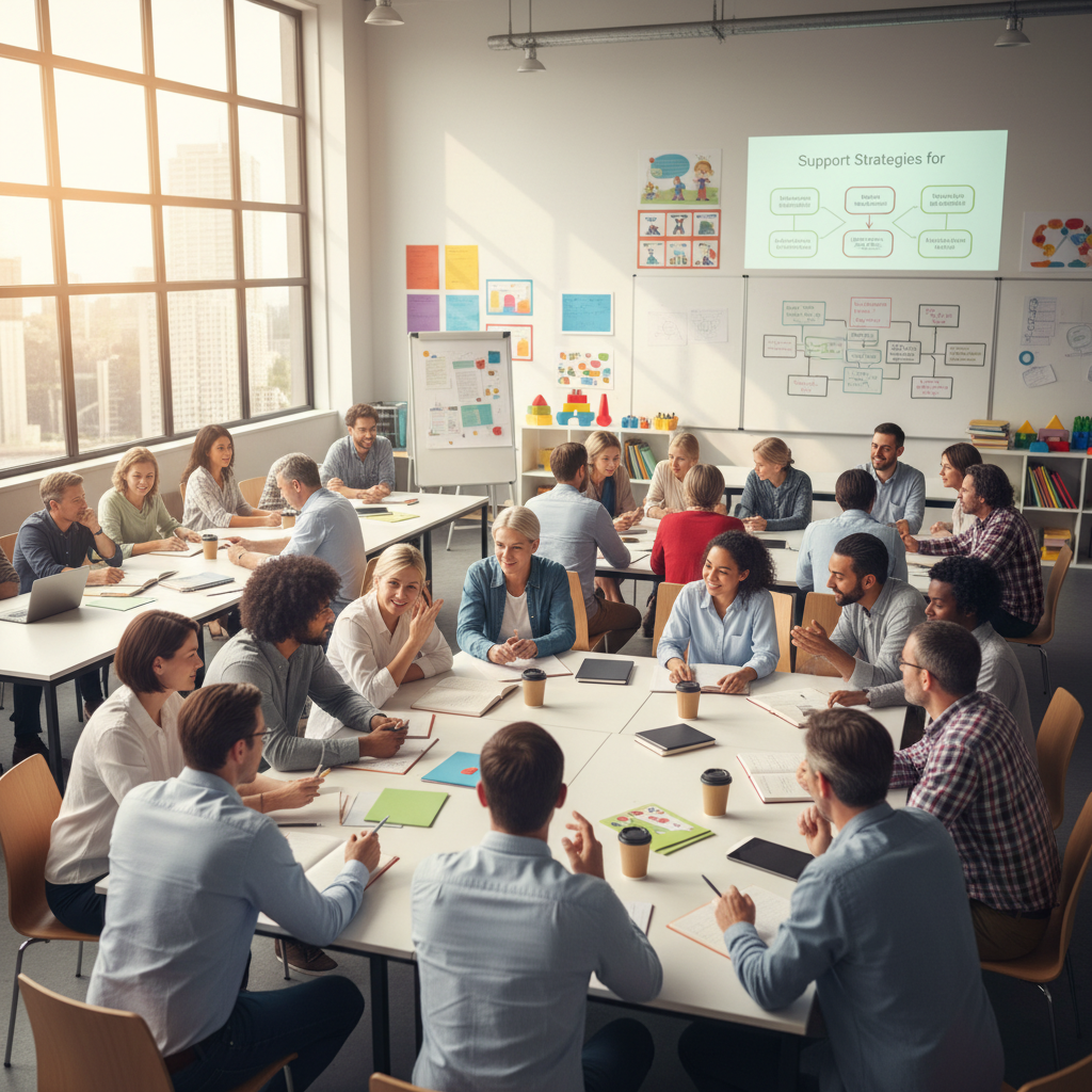 Diverse group of adults in a professional workshop setting, bright conference room, engaged in discussion