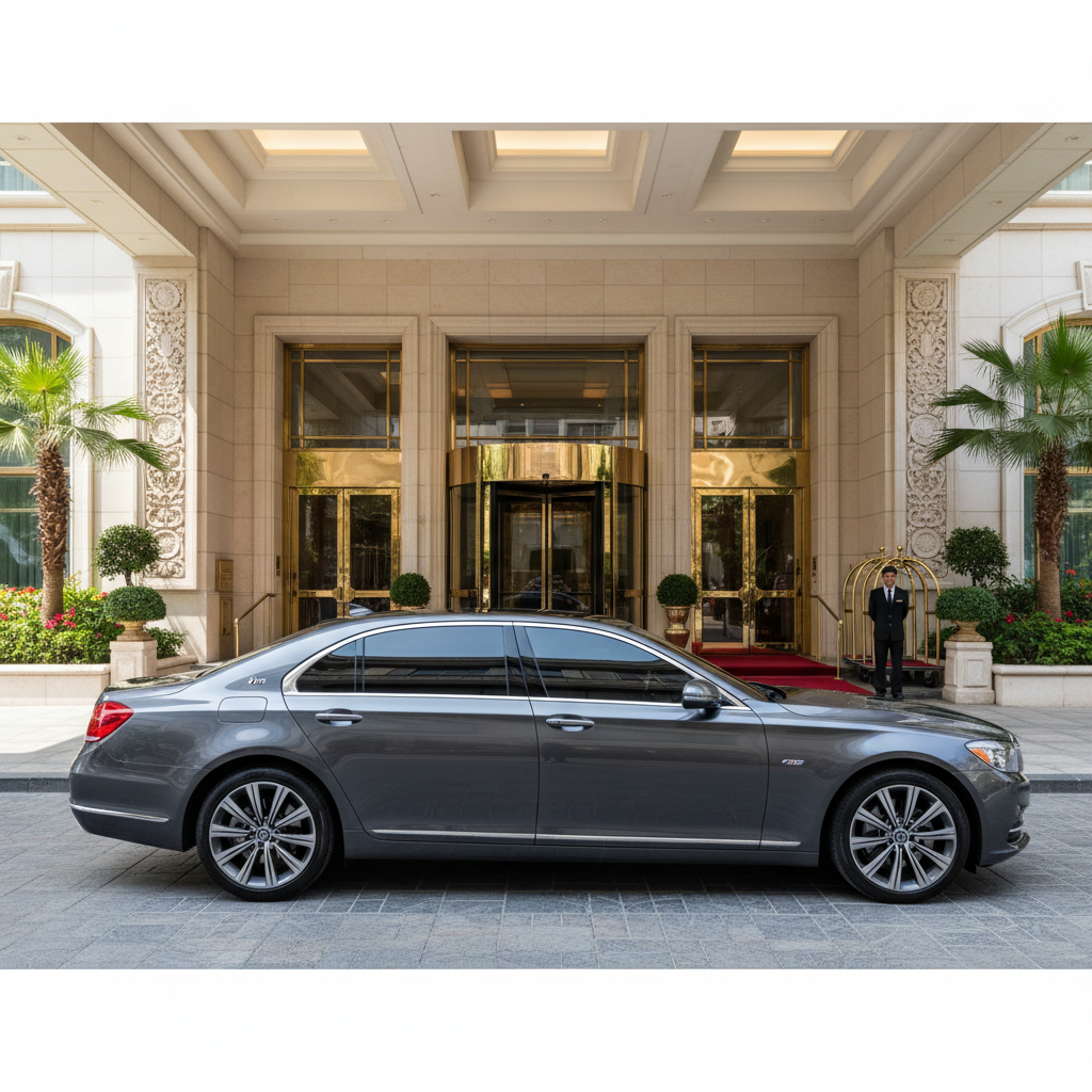Black luxury sedan parked at grand hotel entrance with warm evening lighting