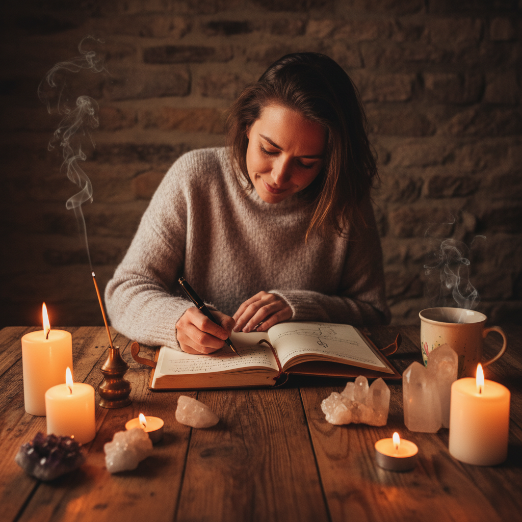Woman writing in a journal with warm golden light, focused and inspired