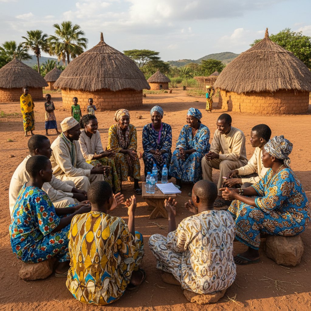 Group of diverse people gathered around a fire in a traditional African village setting at dusk, warm golden firelight