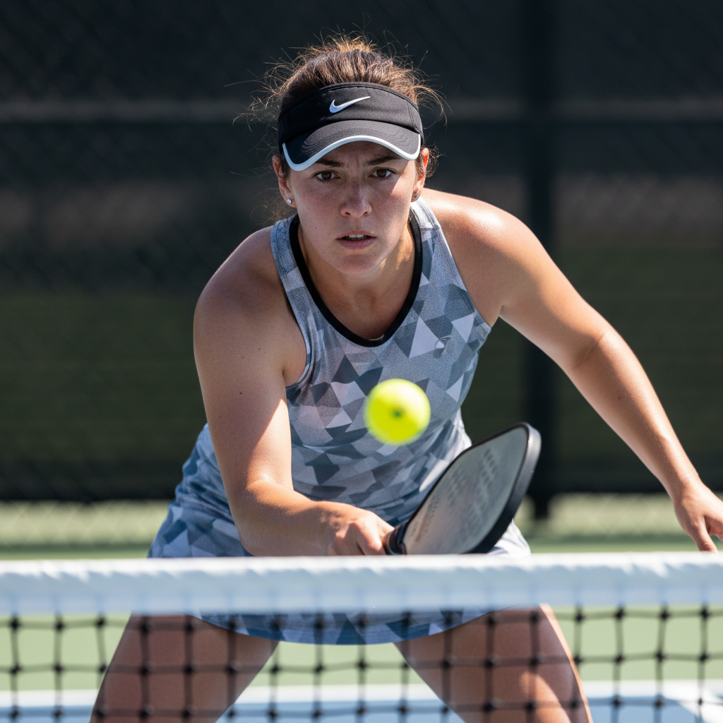 Advanced female pickleball player executing precise dink shot at the net, intense match focus