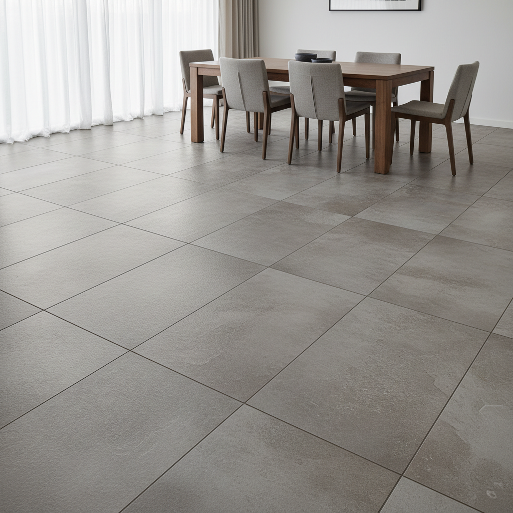 Large format porcelain tile floor in a spacious dining room with stone gray finish
