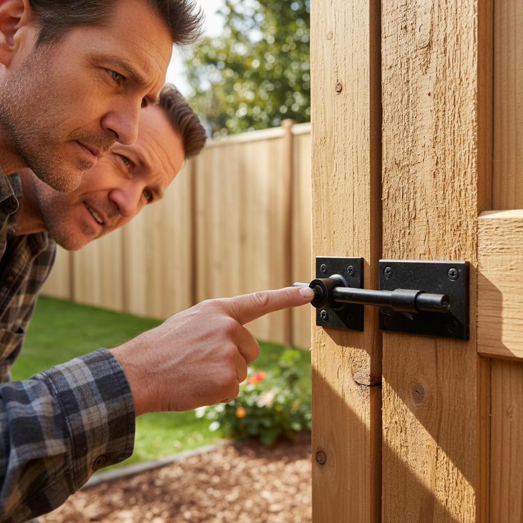 Homeowner and Setback crew lead inspecting completed cedar fence gate latch in San Francisco backyard