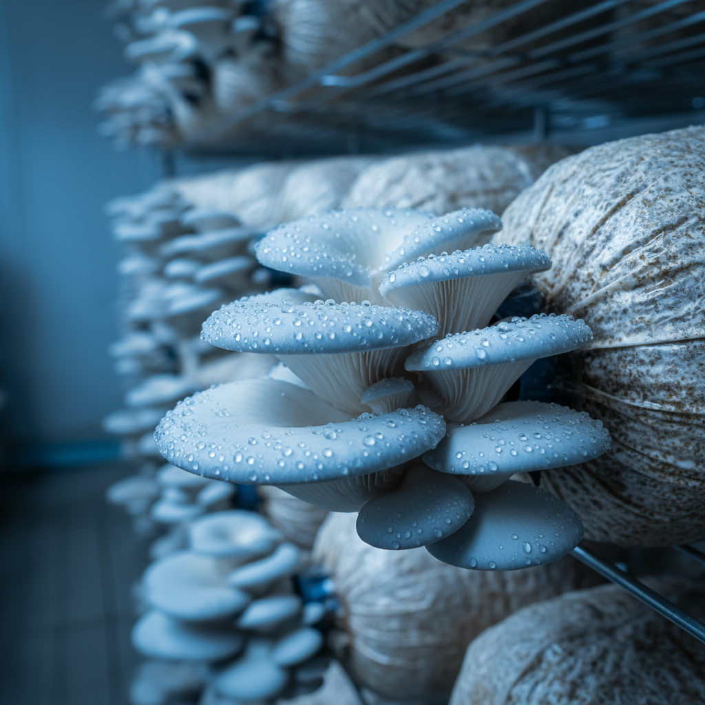 Sustainable mushroom farm interior with rows of growing bags in dim, misty greenhouse light, green and earthy tones