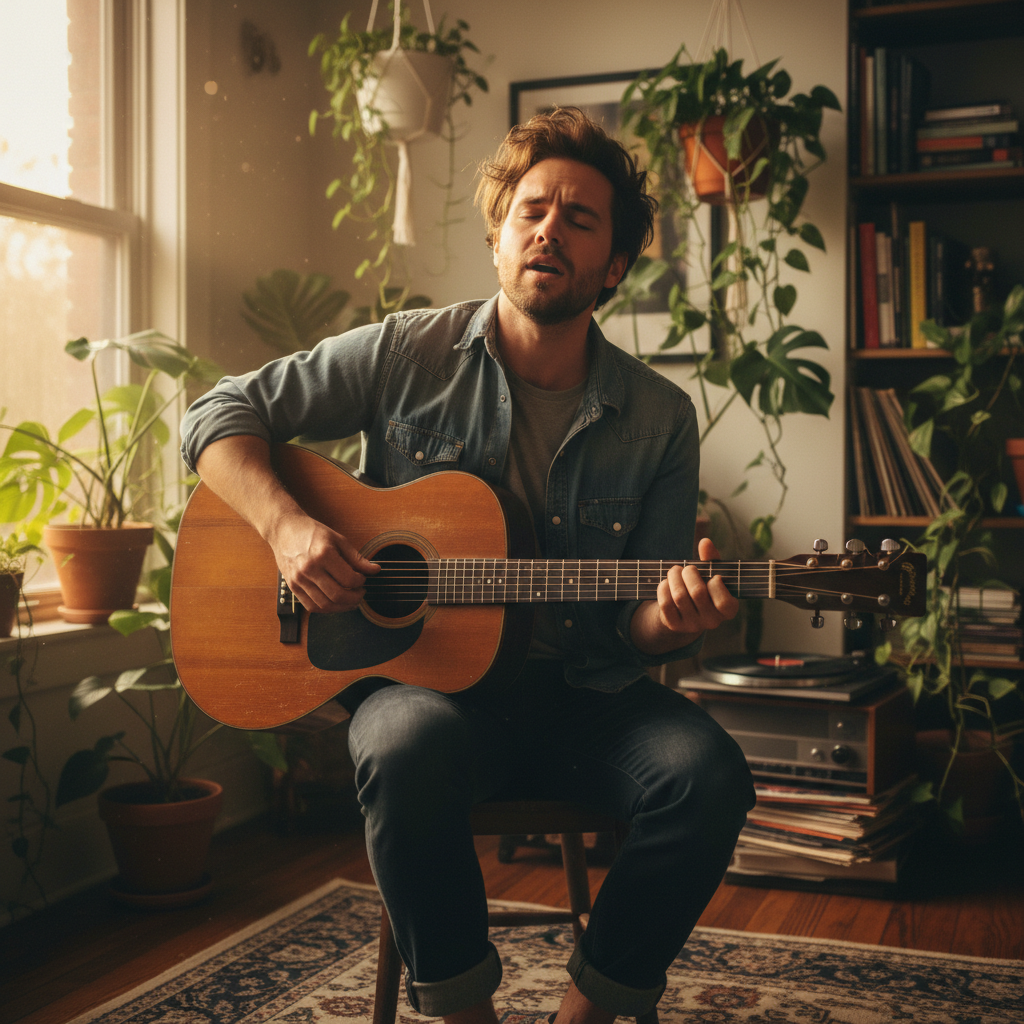 Singer songwriter with acoustic guitar in warm sunlit room with plants