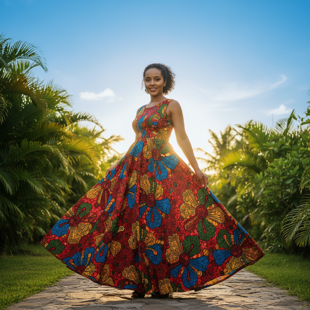 Woman wearing flowing ankle-length Ankara maxi dress with bold orange and black geometric print, bright natural light