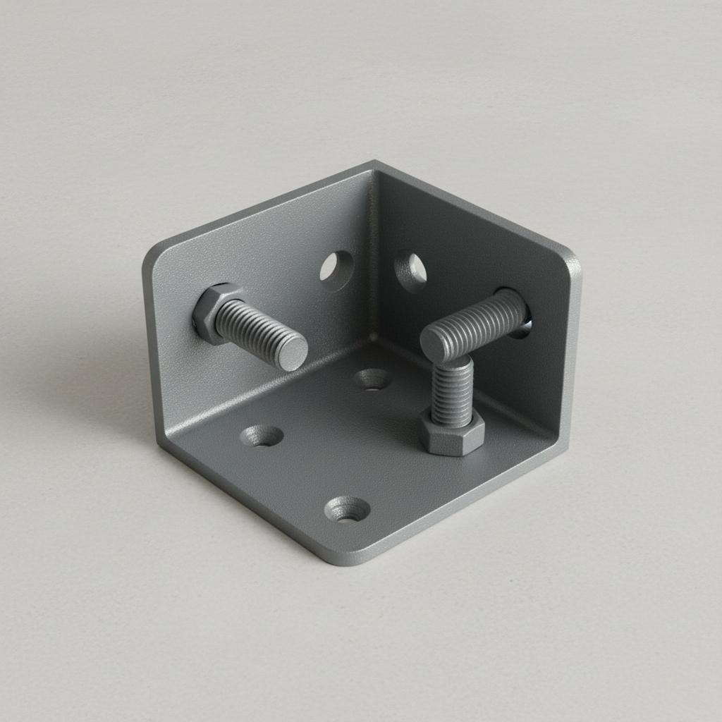 Detail shot of powder-coated fence bracket and bolt hardware in anthracite grey finish