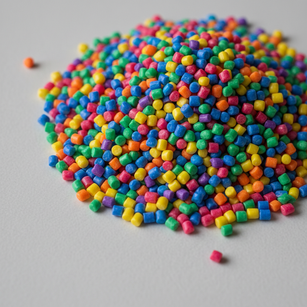 Close-up of translucent plastic pellets in an industrial bin, cool blue-white lighting, macro detail
