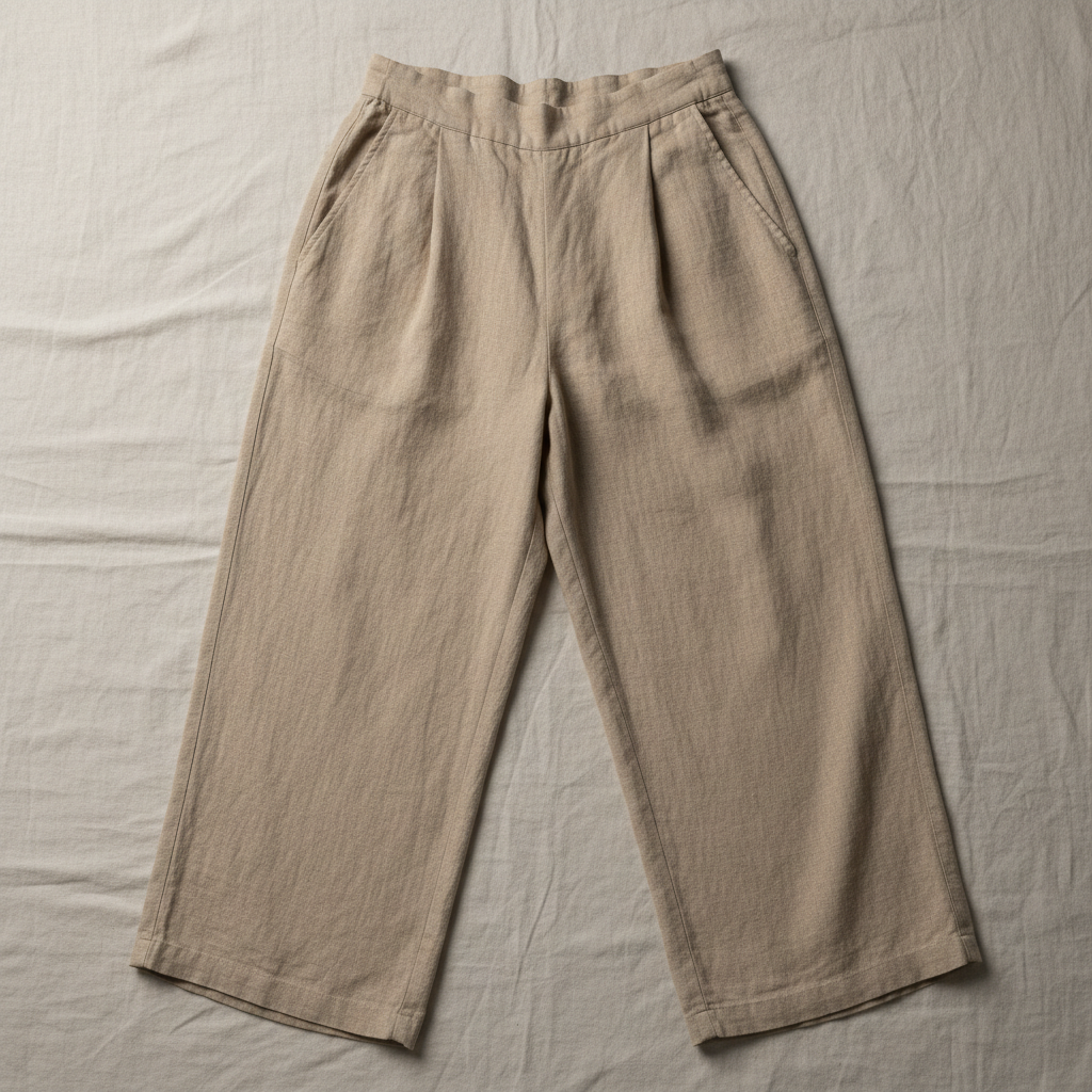 Wide linen pants in warm sand, relaxed silhouette, natural outdoor light