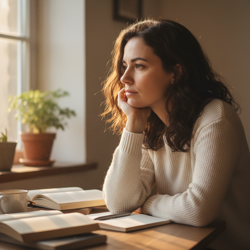 Young woman in her thirties at a desk, thoughtful expression, natural light