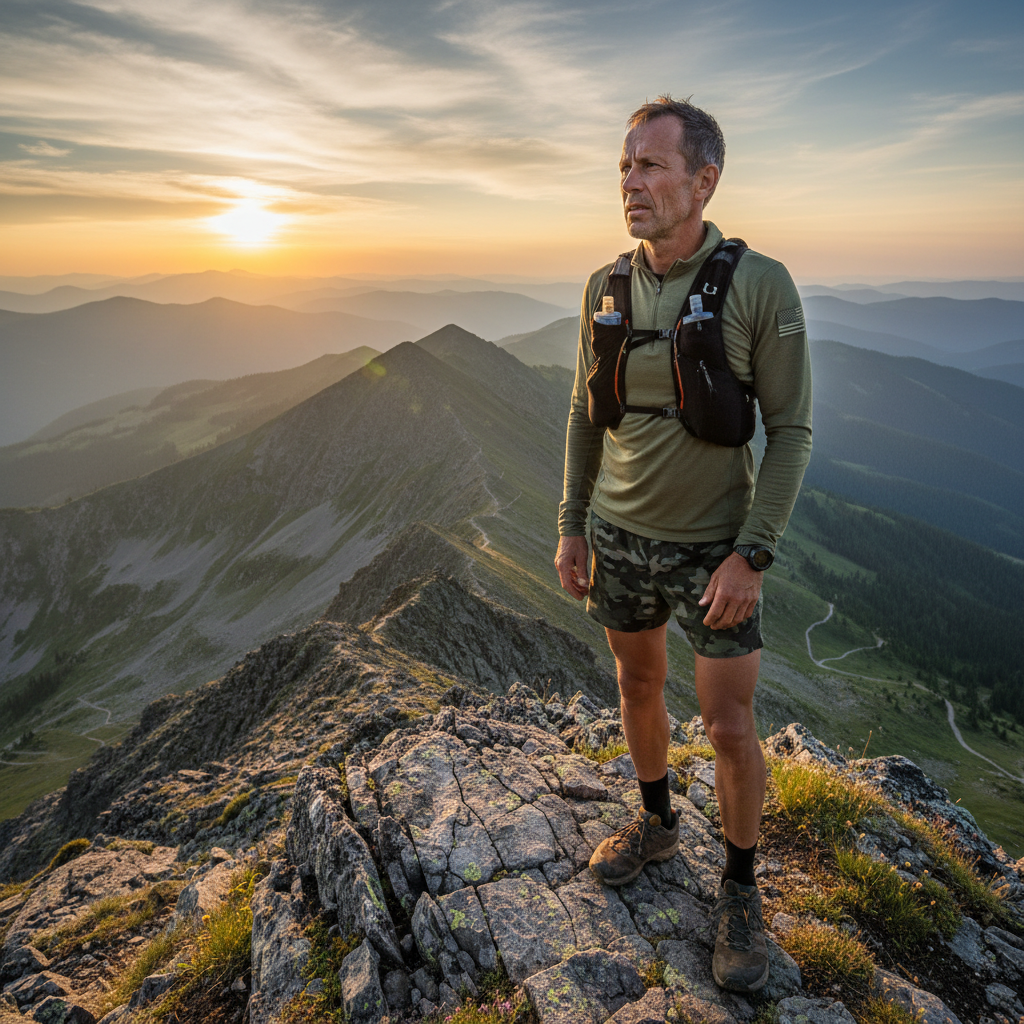 Ben Kowalczyk, veteran ultra runner with 47 hundred-mile finishes, standing on mountain summit