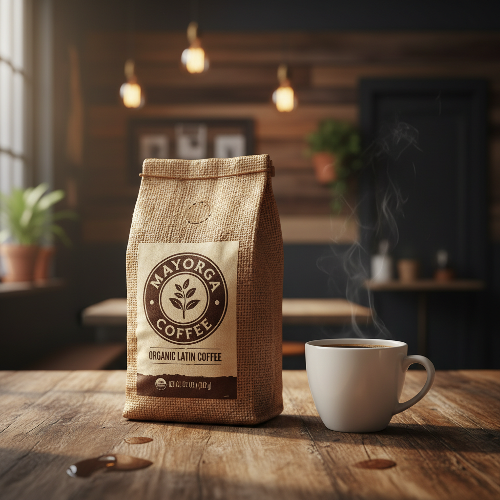 Mayorga Coffee organic Latin coffee brand — warm cafe setting, artisan coffee bag photography, natural light fair-trade beans