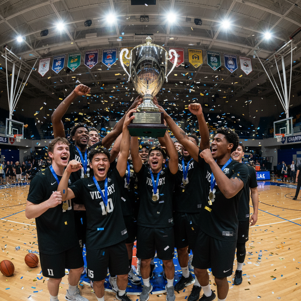 Team celebrating championship win with trophy in gymnasium