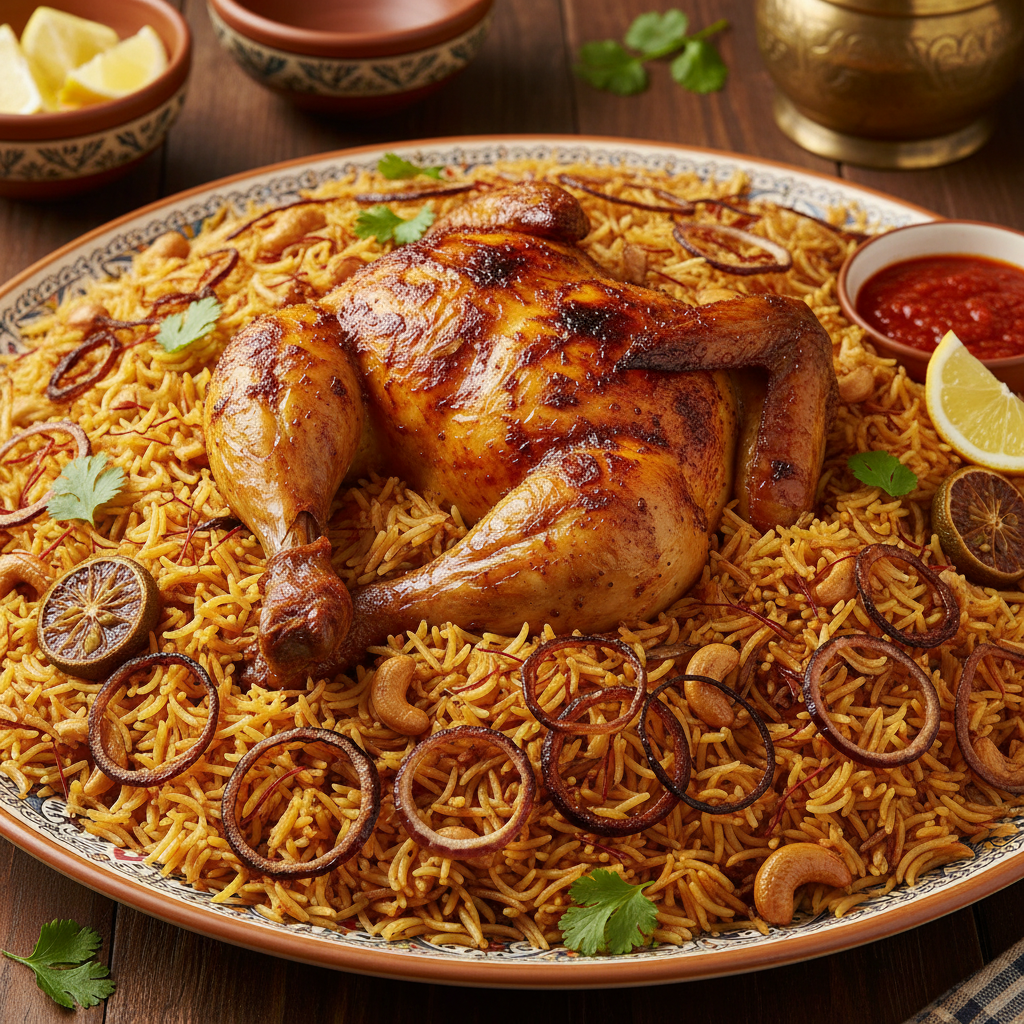 Overhead view of full Bahraini feast spread on hammered brass tray with multiple machboos dishes and condiments