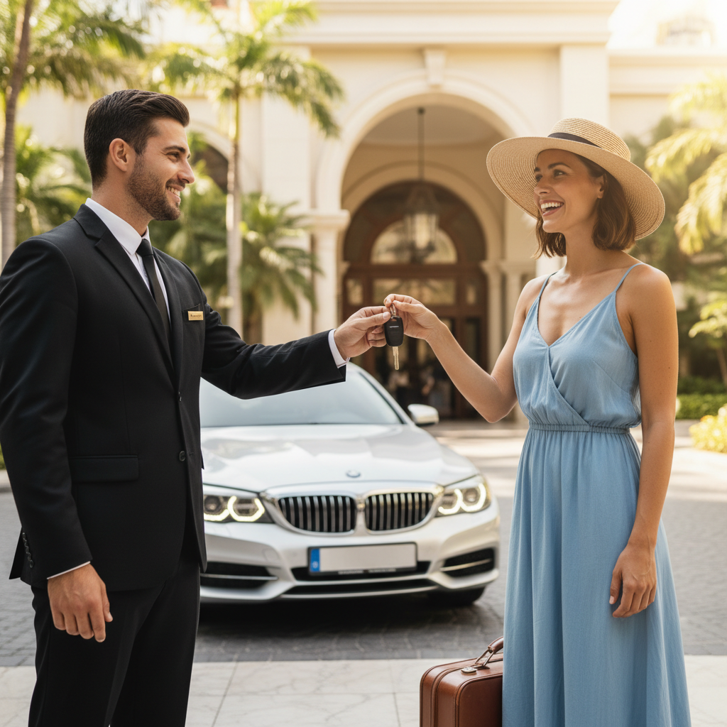 Friendly driver handing car keys to tourist at hotel entrance in bright sunny setting