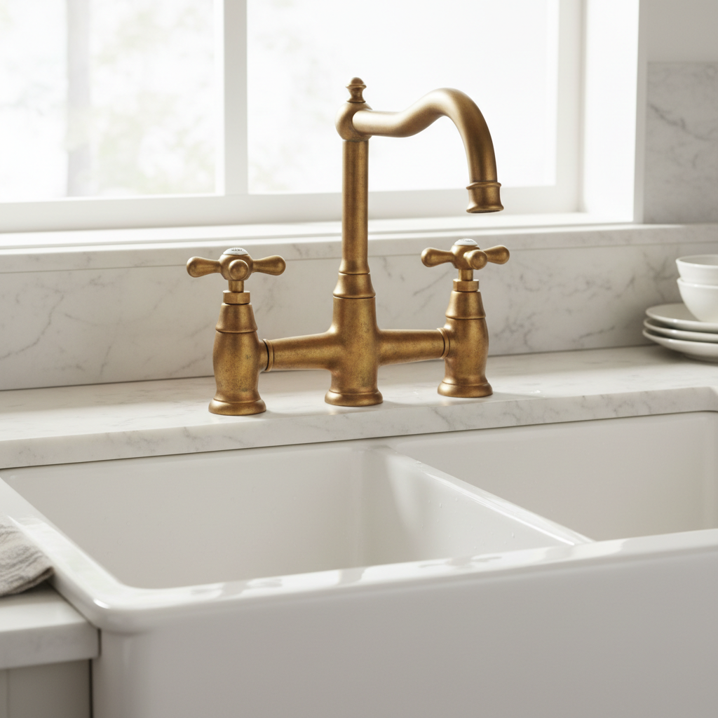 Unlacquered brass bridge faucet with warm patina over white farmhouse sink, catching afternoon light