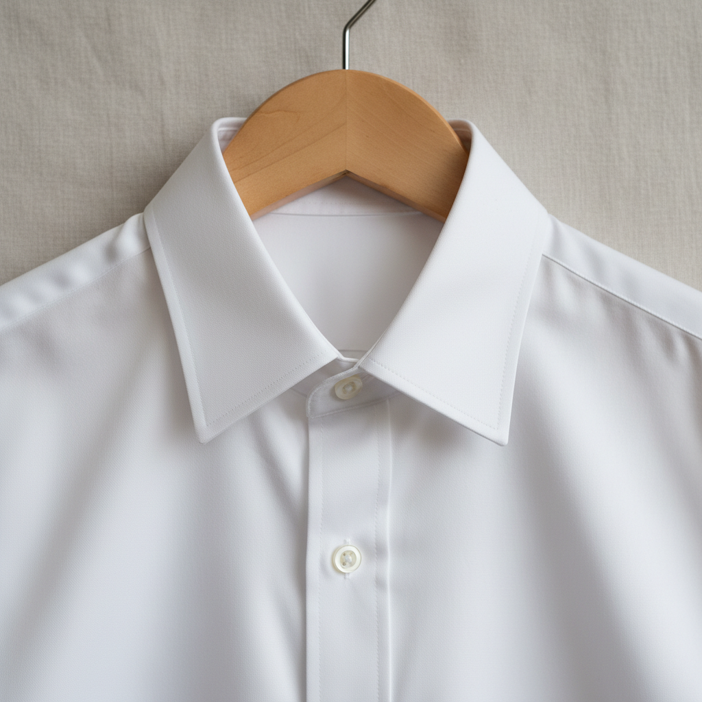 Pressed white dress shirt on a hanger with crisp collar