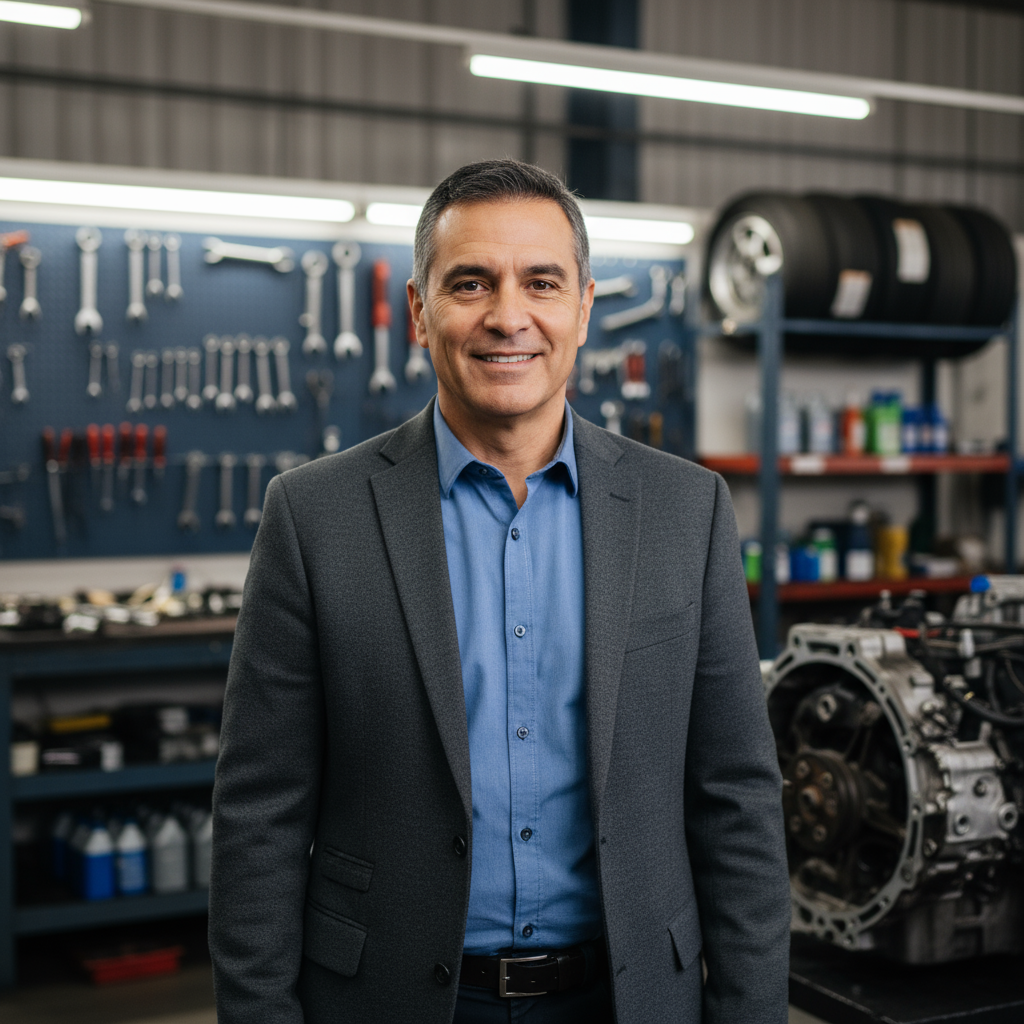 Hispanic male automotive dealership manager in business casual attire