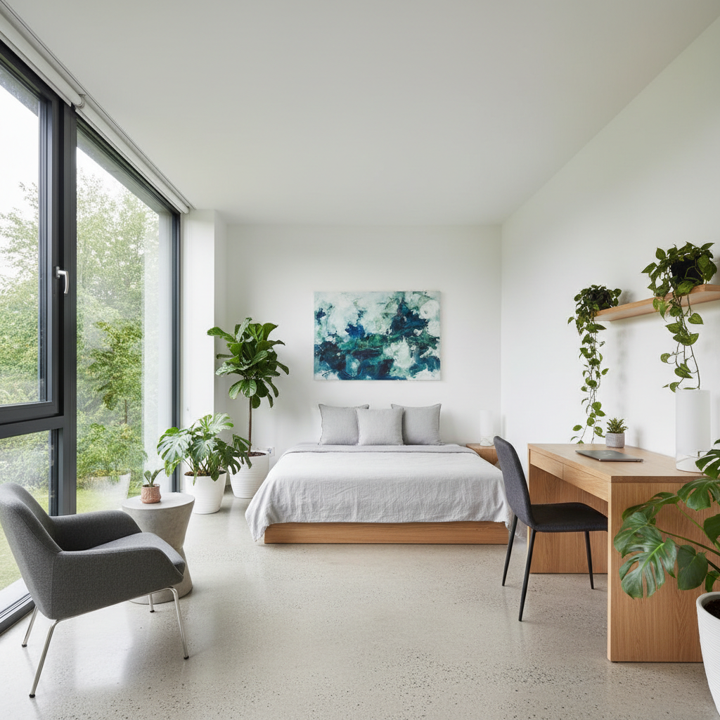 Minimalist bedroom with a low-profile bed, white bamboo linen and green indoor plants