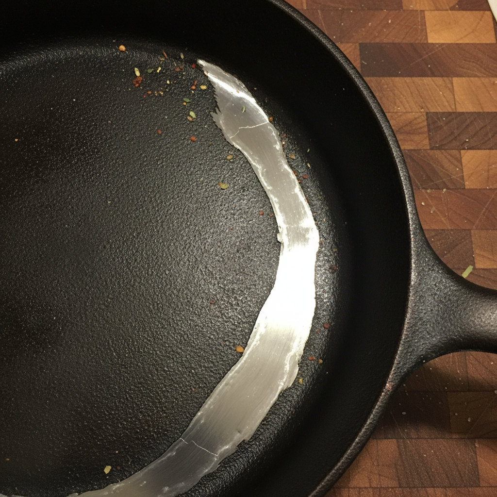 Cast iron pan after nickel braze repair — crack filled, surface ground smooth, food-safe