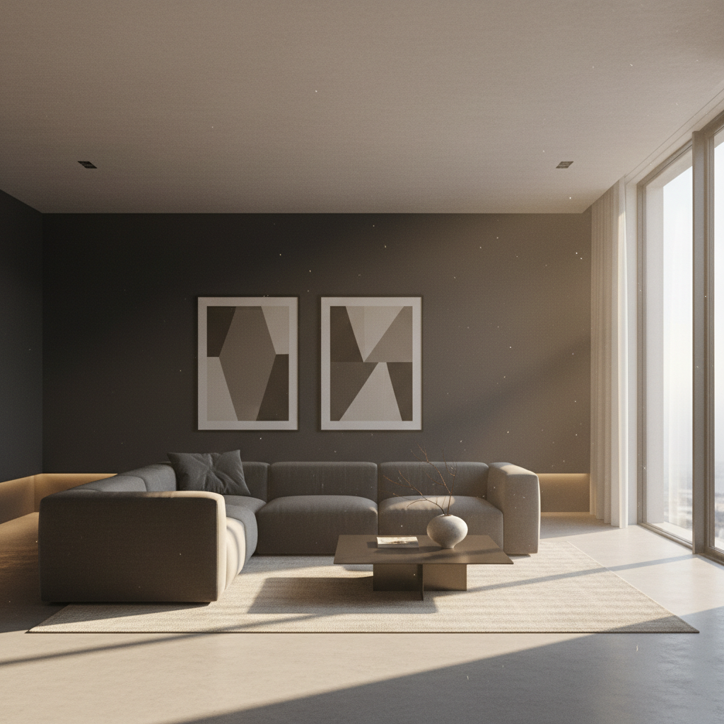 Luxury living room with dark walls, recessed lighting, and minimal furniture in deep shadow