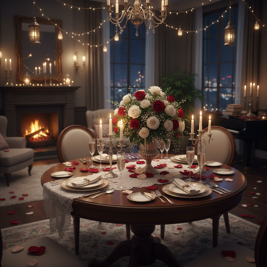 Intimate dining table for two with candles and roses, warm glowing light, romantic barn setting