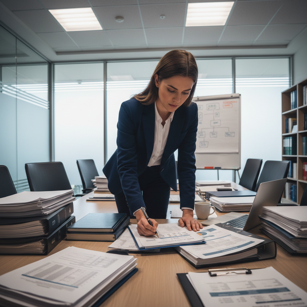 Attorney reviewing legal financial documents in a professional law office setting