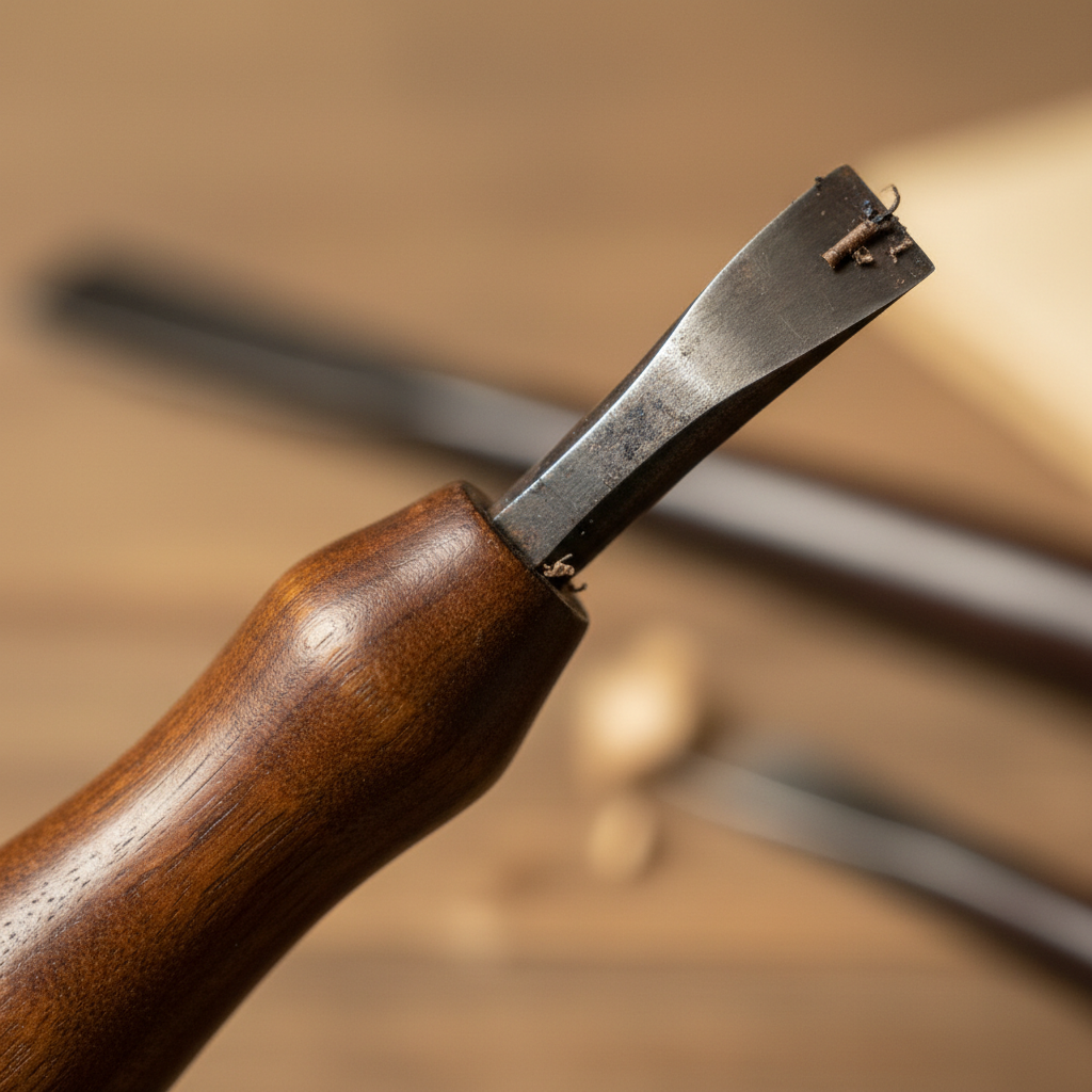 Close-up macro shot of a Japanese woodblock carving tool with worn wooden handle