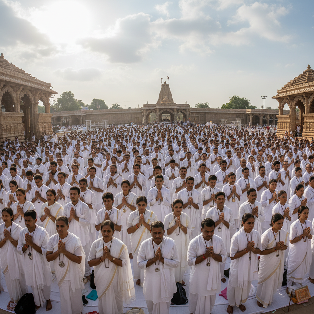 Large crowd of devotees in white attire gathered for Paryushana celebration