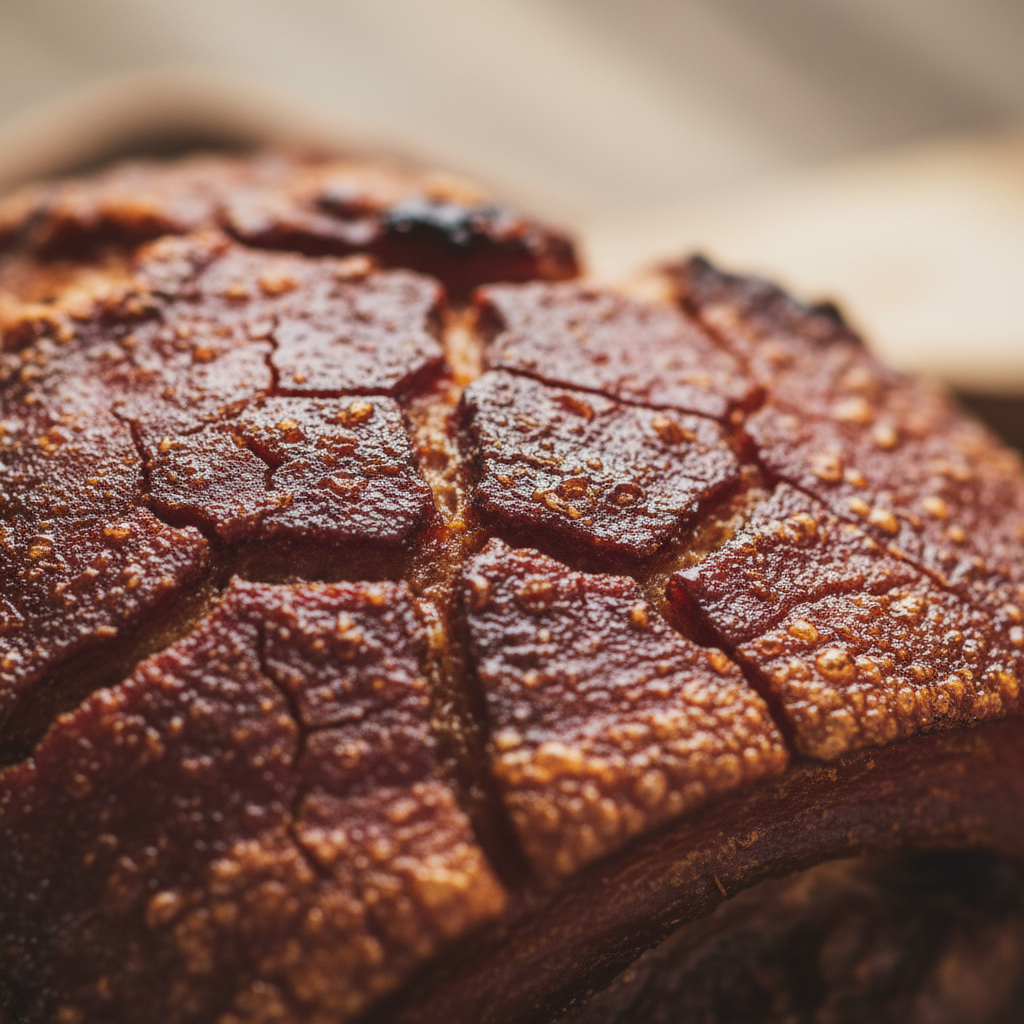 Close-up of crackling pork skin with deep mahogany bark crust