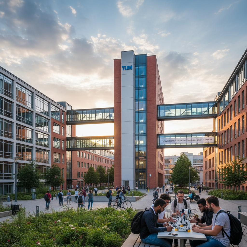 Bright modern university campus courtyard, sunny daytime, open walkways, students