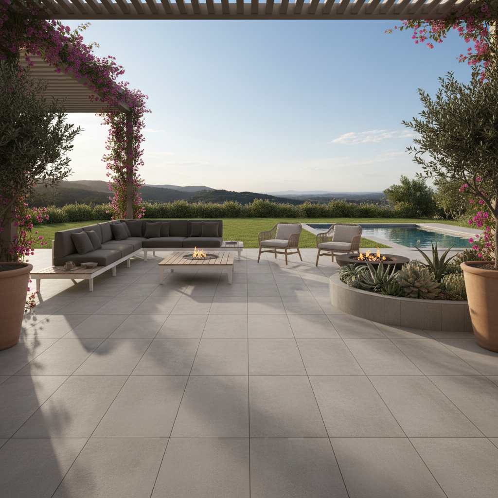 Azulejo cerámico rústico beige 400x800mm con textura antideslizante, instalado en terraza exterior con plantas y mobiliario de jardín