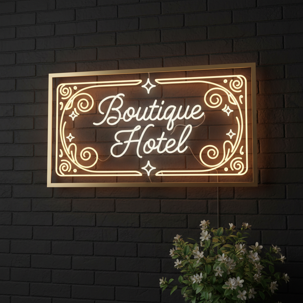 Elegant hotel lobby neon sign glowing in sophisticated blue, dark upscale interior